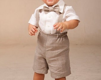 Baby boy suspenders suit Ring bearer outfit Boy linen suit Baptism shorts with suspenders Rustic wedding baby boy formal suit natural color