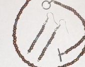 Bronze Czech Matching jewelry set; Hematite Necklace & Earring set; Glass beaded jewelry