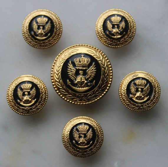 Vintage Metal Crest Shield Crown Eagle Buttons Black And Gold