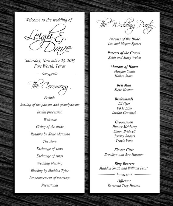 Wedding Program Front and back ceremony Script by ORandDesigns