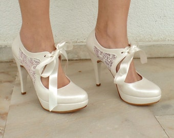 Wedding Shoes - Bridal Shoes with Ivory Lace and Satin Ribbons, 4 3/4"Heels