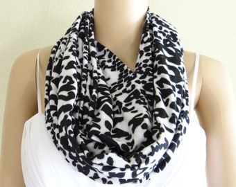 White And Black Print Circle Scarf. Loop Scarf. Infinity Scarf