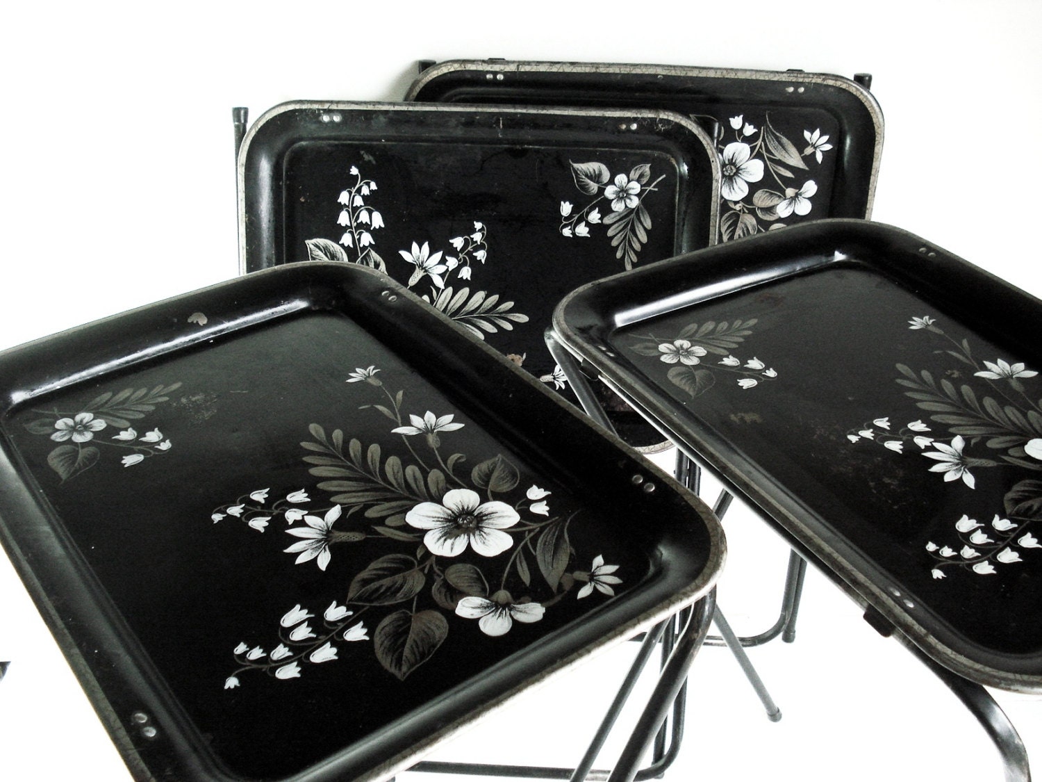 Vintage Metal TV Trays Black White and Silver Painted Tin