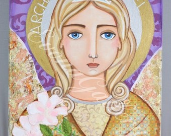 Charming Original Mixed Media painting on canvas 9 x 12 inch, Saint Gabriel Archangel by Evona