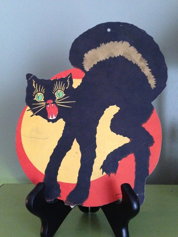 Vintage Halloween Scaredy Black Cat Die Cut by santashauntedboot