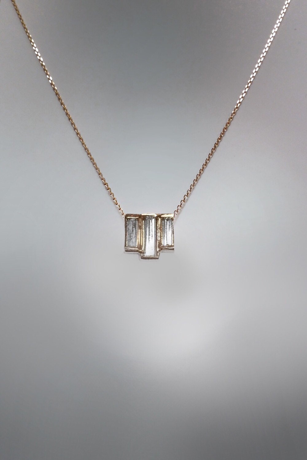 Unique 14k Gold Three Diamond Baguette Necklace