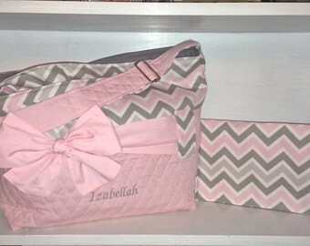 Personalized Diaper Bag Set In Grey, White & Light Pink Chevron. Choose your set style. Interchangeable Sash/Bow.