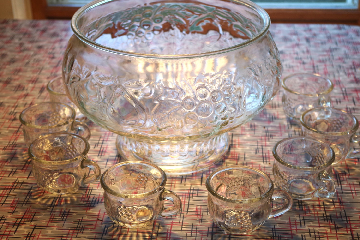 SALE Lovely Vintage Glass Punch Bowl with 10 matching glass