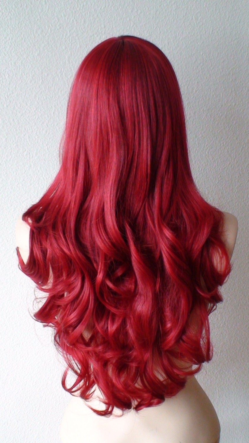 Wine red  wig Long  red  hair  wig Deep Red  long  curly  by 