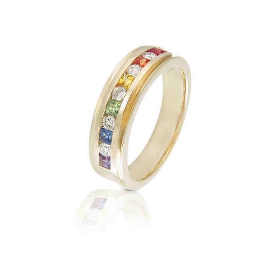 Mens Rainbow Diamond Engagement Ring Wedding Band 14K Yellow Gold ...