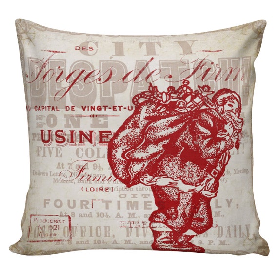 Holiday Throw Pillow Cover French Style Burlap & Cotton Red