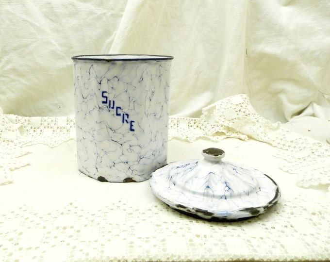 Antique French Chippy White and Blue Marbled Enamel Sugar Canister / French Country Decor / Desk Tidy / Enamel Pot / Retro Home Interior Antique French Chippy White and Blue Marbled Enamel Sugar Canister / French Country Decor / Desk Tidy / Enamel Pot / Retro Home Interior