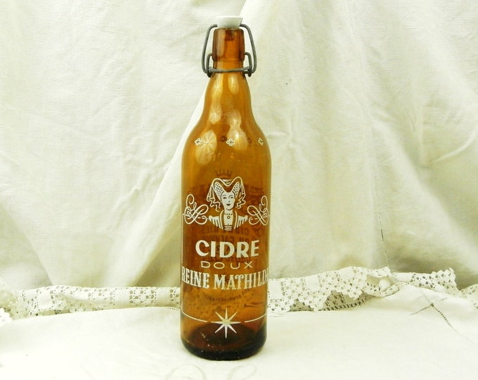 Vintage French Amber Glass Cider Bottle with a Metal and Ceramic Clasp Cap / Normandy / Cidre / Reine Mathilde / Calvados / Man Cave / Decor