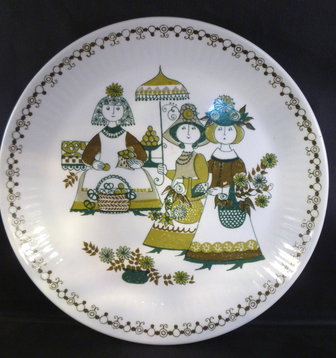 Figgjo Flint Wall Plate Norwegian Vintage Retro Folk Pottery Turi Market Green Home Decor