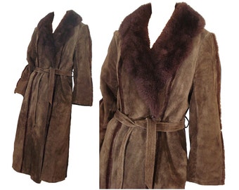 Vintage 60s Coat Full Length Shearling Coat Brown Suede Leather