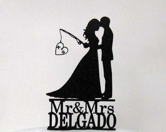 Personalized Wedding Cake Topper - Hooked on Love 2 with personalized Initials + Mr & Mrs last name