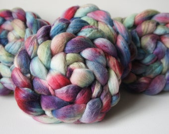 Merino Wool Roving\ Bleached Tussah Silk - Hand Painted Felting or Spinning Fiber