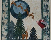 Christmas Art Quilt Santa and Reindeer Quilted Wall Hanging Teal Quilt Christmas Decor Quilt