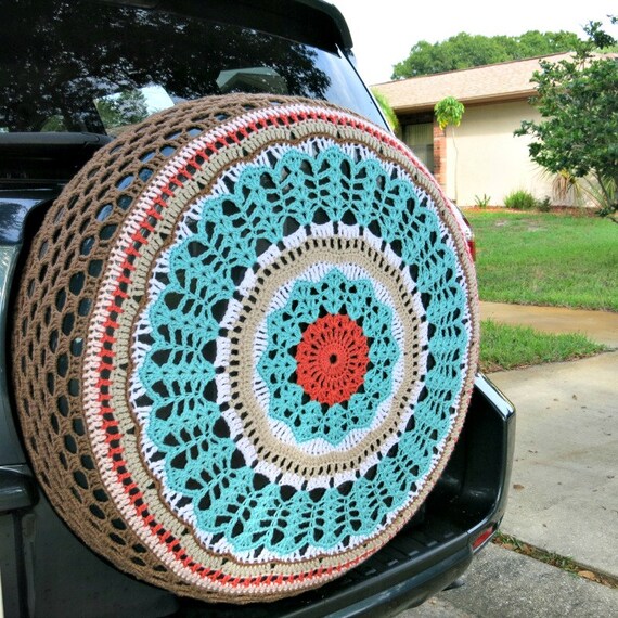 Coral Turquoise Brown Crocheted Spare Tire Cover Perfect