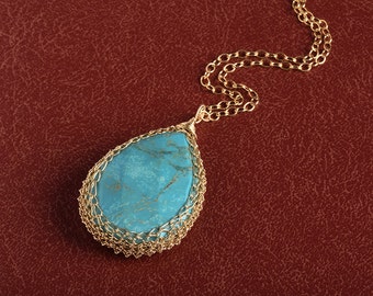 Turquoise Tear Drop Pendant necklace crochet 14K gold filled wire