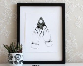 Ouija Planchette Hands Halloween 5x7 or 8x10 Wall Art Print, Gift, Poster, Drawing