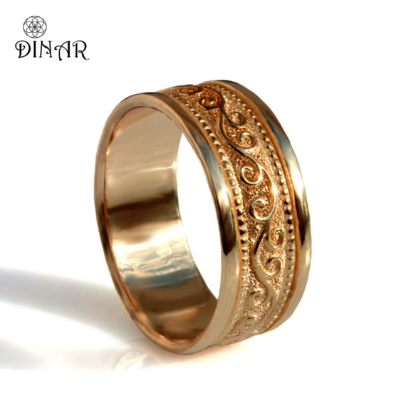 Scrolls 14k rose gold Wide Wedding Band, unisex gold band Art Deco ...