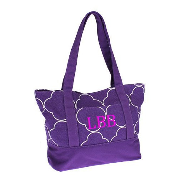 Personalized Gift Ladies Monogram Tote Bag Purple Pink Aqua Quatrefoil