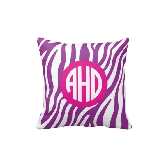 Zebra Print Monogrammed Throw Pillow & Cover-Purple White