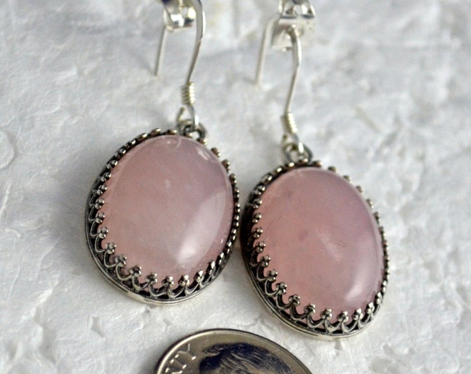 Rose Quartz Earrings, 18x13mm Oval, Natural, Set in Sterling Silver E715