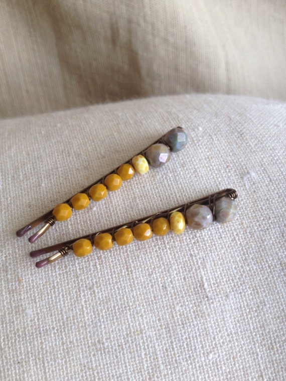 Beaded Hair Barrettes Mustard yellow and Rustic Sky. Boho