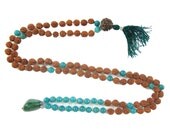 Tarini Jewels Rudraksha Amazonite Prayer Mala beads Heart Throat Chakra rosary - hand knotted, tassle, 108+1