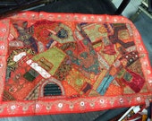 Colorful VIntage Tapestry Red Beaded Embroidered Patchwork Wall Hanging Throw