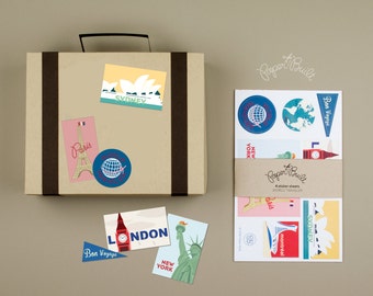 Vintage Travel Stickers for Suitcase Favor Box, Vintage Luggage Stickers, Scrapbook Stickers, Paris Londo New York Sydney Globe, Bon voyage