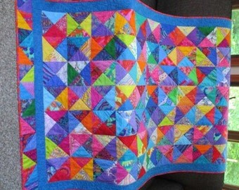 Art Quilt with Bright Colorful Kaffe Fassett Fabric & Geometric Shapes.