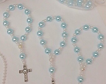 A DOZEN Light Blue glass pearl mini rosary bracelets. Perfect for first communions, baptisms, and wedding favors.