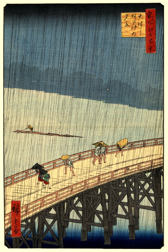 Japanese art Hiroshige Famous: Rain over Bridge Views of Edo