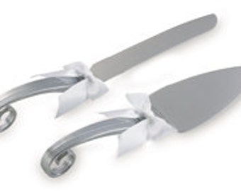 Silver Swirl Wedding Cake Knife & Server Set - Free Personalization
