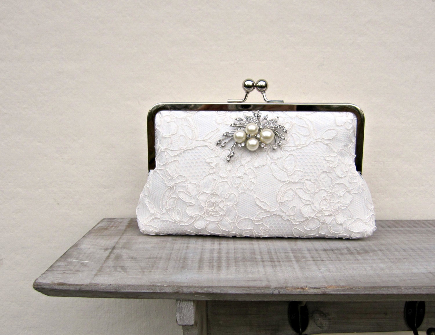 Lace bridal clutch bag ivory wedding clutch pearl and