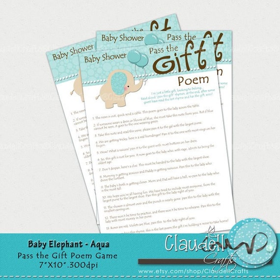 Baby Elephant  Aqua Pass The Gift Poem Baby Shower Game Card  300 DPI by Claudell Crafts 