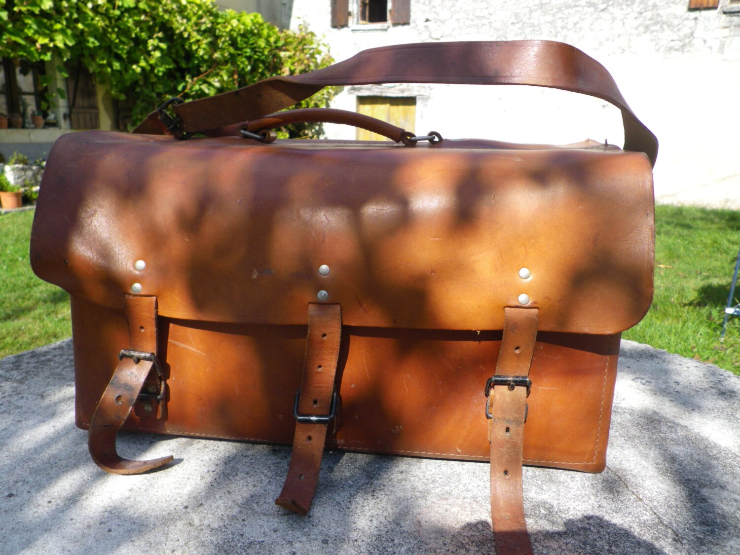French Vintage large leather fishing bag, holdall ,weekend bag in