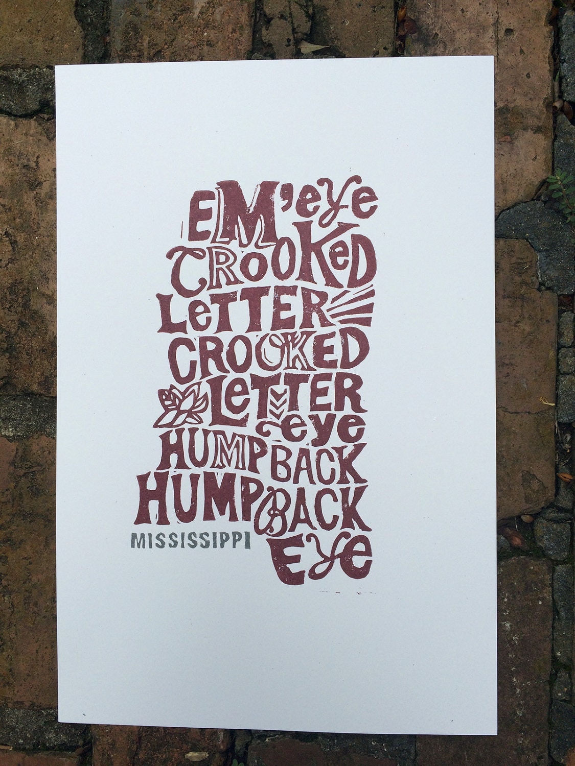 Mississippi State Crooked Letter Block Print Hand