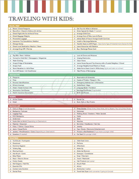 vacation traveling with kids checklist printable