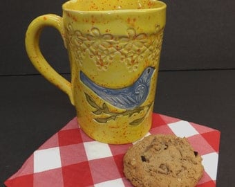 Large Blue Bird Coffee Mug, Hand Built Ceramic Stoneware Mug