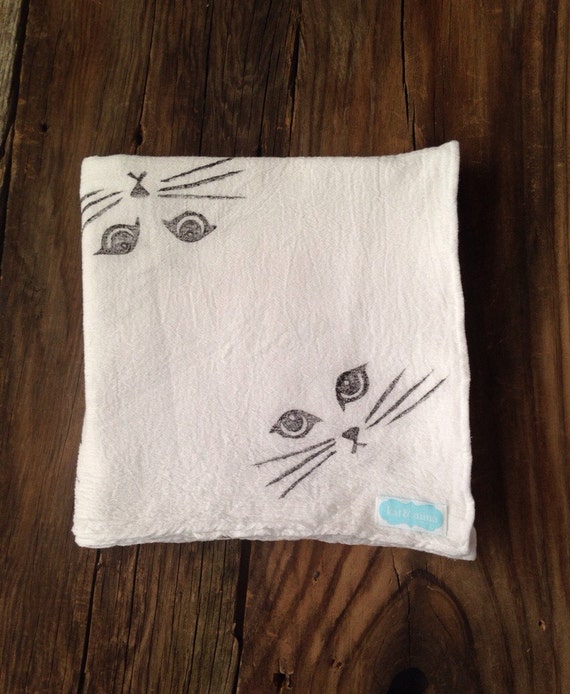 Hand stamped kitty cat face 100 cotton muslin by Katandstiina