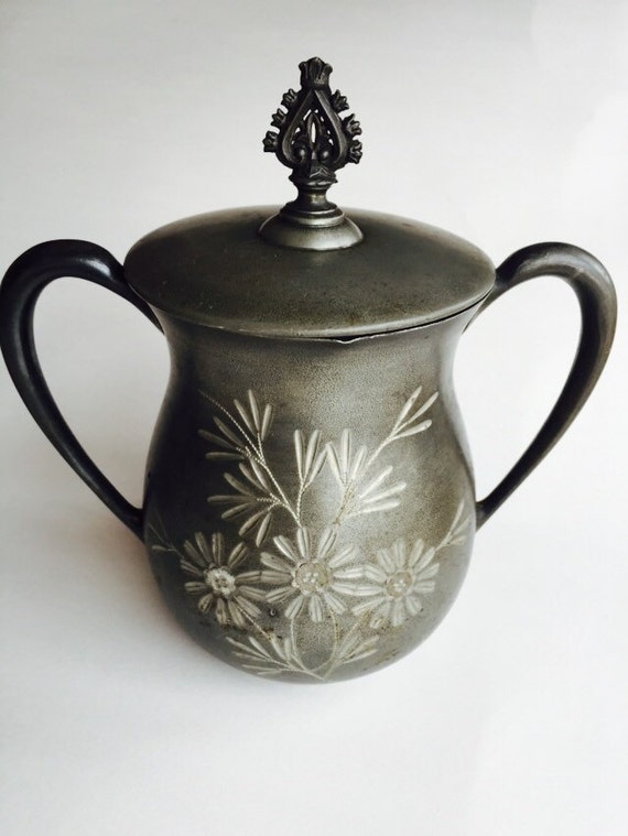 Antique Pewter Sugar Bowl with Lid and Cream by