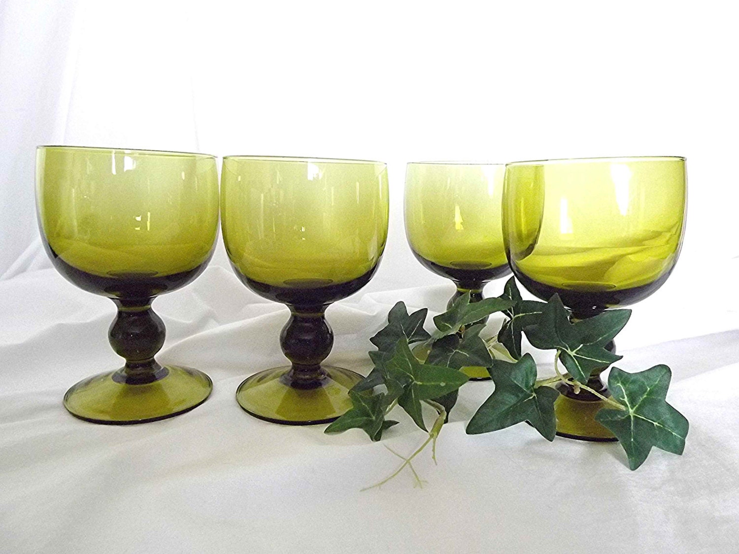 Vintage Wine Glasses Olive Green White Wine Glasses Knob Stem 0155