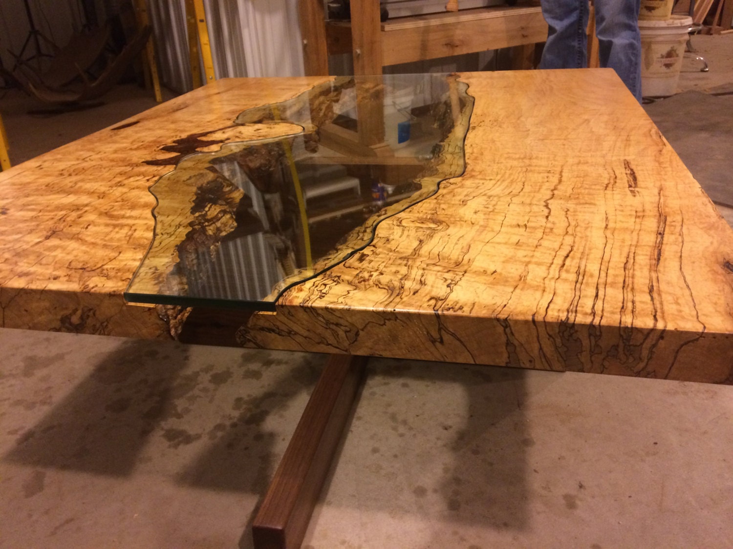 Table of Spalted Maple Live Edge Slab and Hand Cut Glass