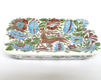 Dish, Ash Tray or Pin Tray, White, Red, Blue, Majolica, Deer, Foliage, Vintage, tableware, Rhodes