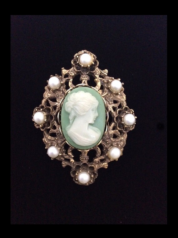 Vintage Ivory Cameo on Mint Green Filigree Brooch Pendant