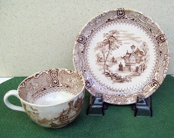 Antique Staffordshire CLEMENTSON BROS. Tillenberg Chocolate Cup and Saucer – Ironstone – Circa 1870’s – England – Brown Transferware -